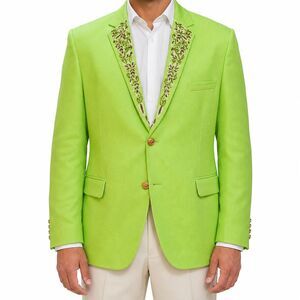 Mens 46R Green Wool Blazer Hand Embroidered Floral Lapel Wedding Tuxedo Groom
